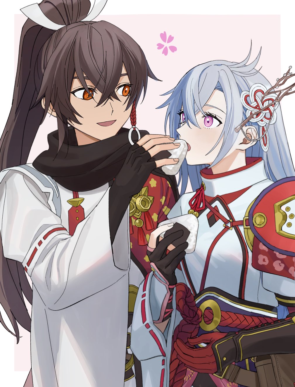 armor, black_hair, blush, commentary, crossed_bangs, feeding, food, gloves