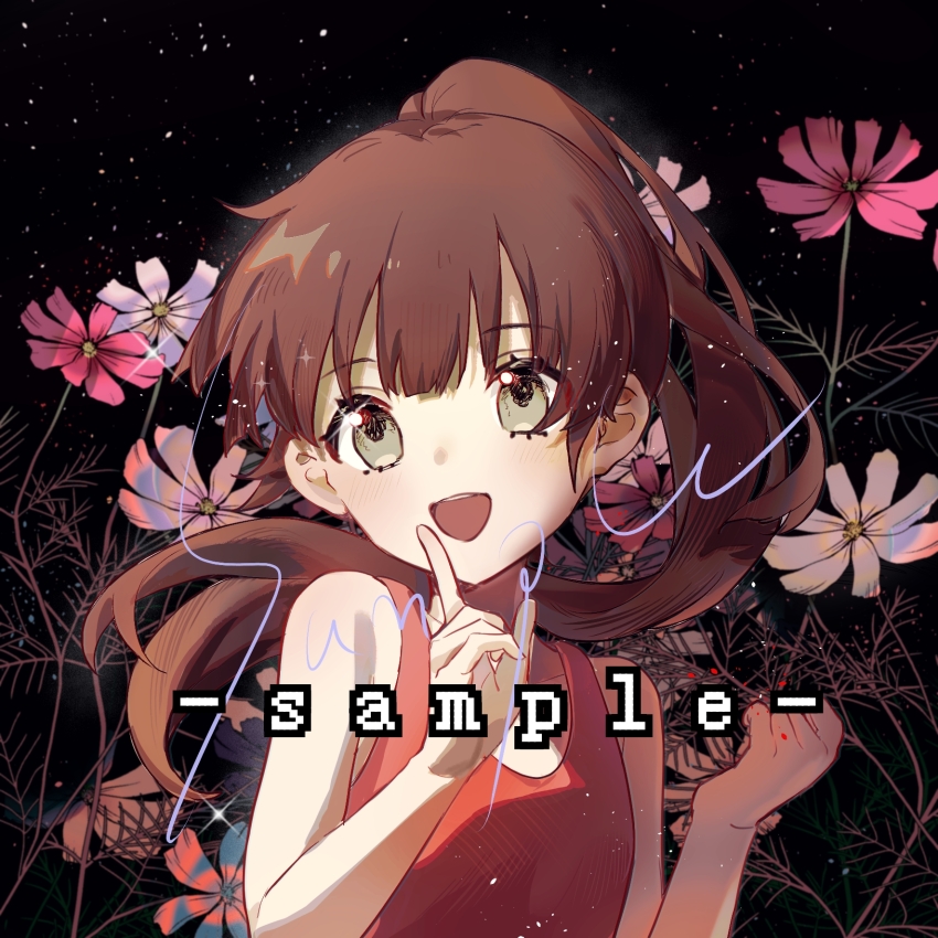 1girl, bare_arms, bare_shoulders, black_background, blunt_bangs, brown_hair, check_copyright, clenched_hand