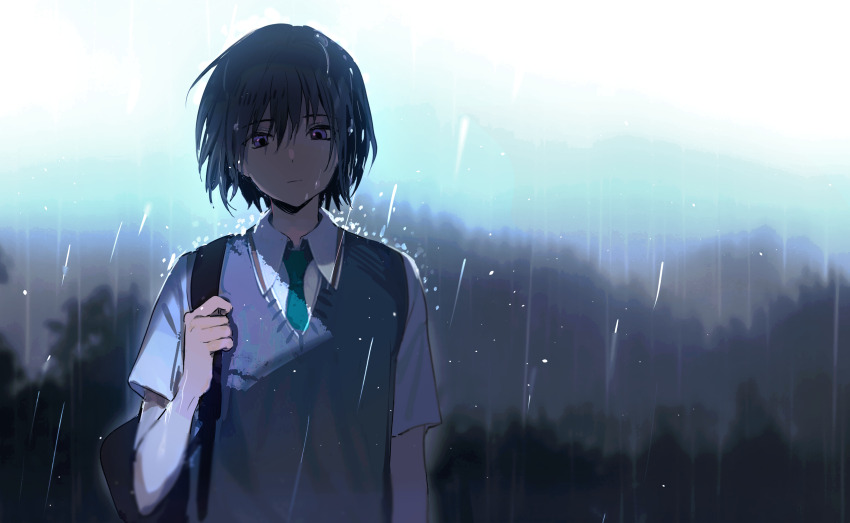 1boy, aqua_necktie, bag, bare_arms, black_bag, black_hair, blue_vest, chinese_commentary