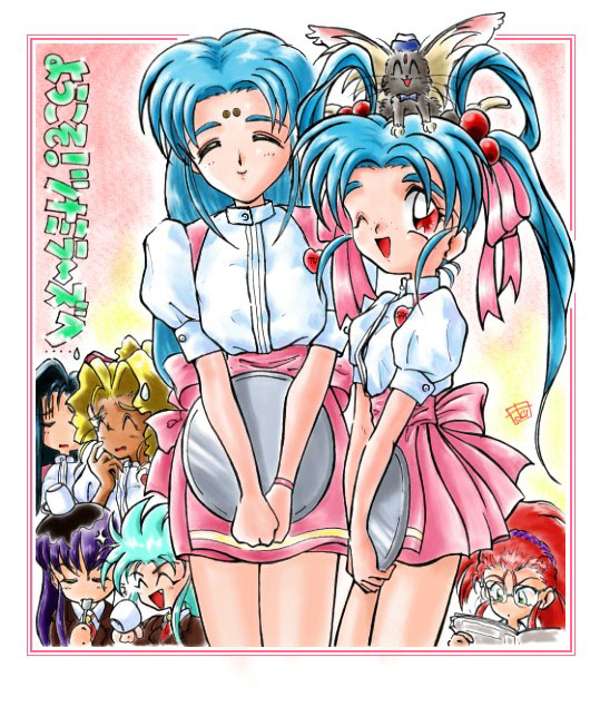 6+girls, black_hair, blue_hair, cup, dark-skinned_female, dark_skin, frown, glasses