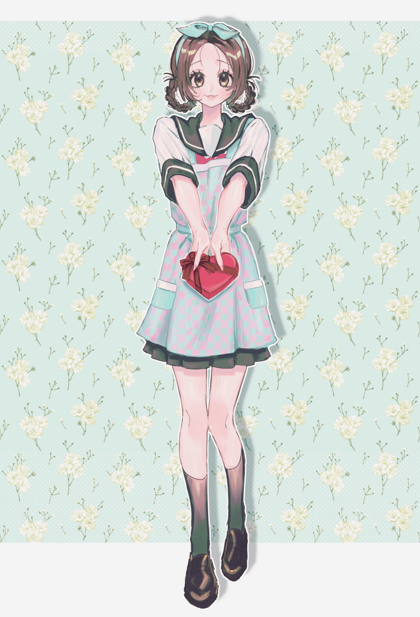 1girl, apron, brown_eyes, brown_hair, chocolate, donut_hair_bun, face-framing_short_strand, food