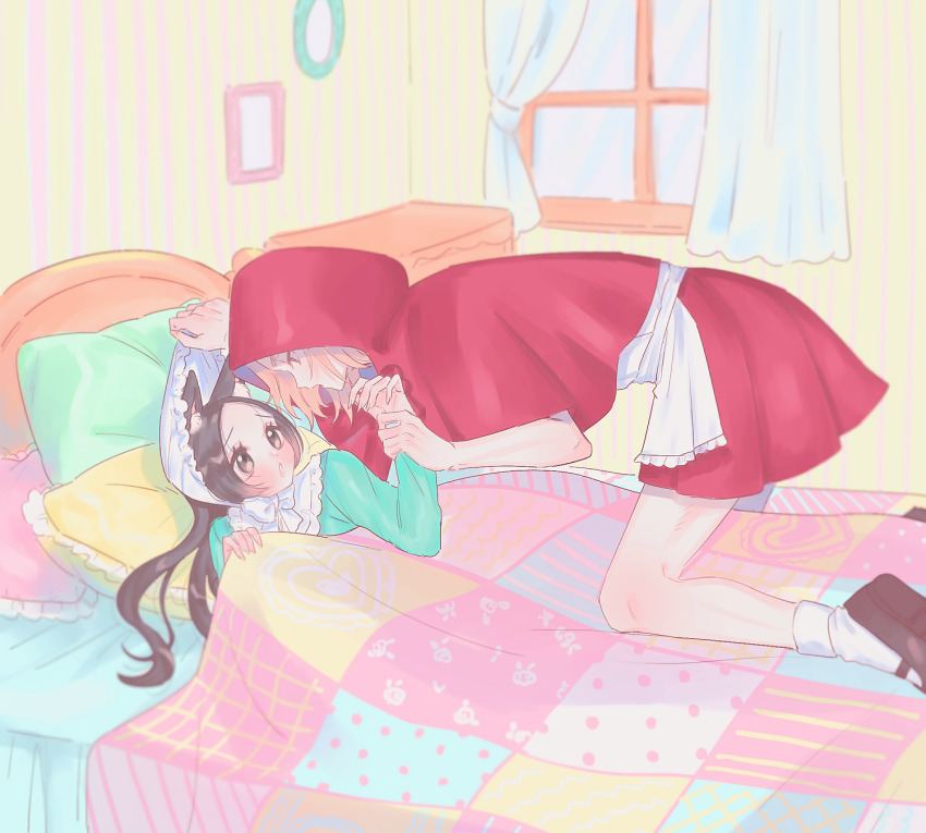 1boy, 1girl, animal_ears, brown_eyes, brown_hair, couple, face-framing_short_strand, highres, holding_hands, little_red_riding_hood_costume, loose_hair_strand, m15391599, on_bed, parted_bangs, round_eyes, sano_manjirou, tokyo_revengers