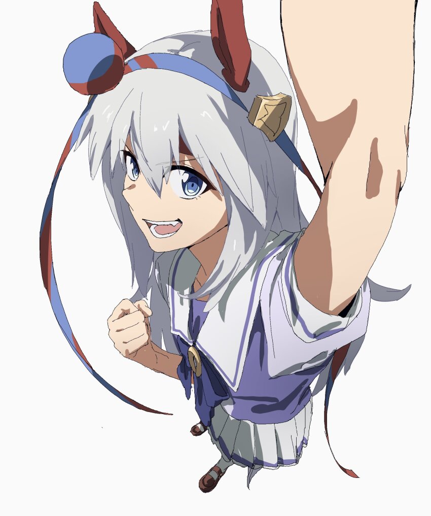 1girl, absurdres, animal_ears, blue_eyes, bow, ear_bow, grey_hair, hairband