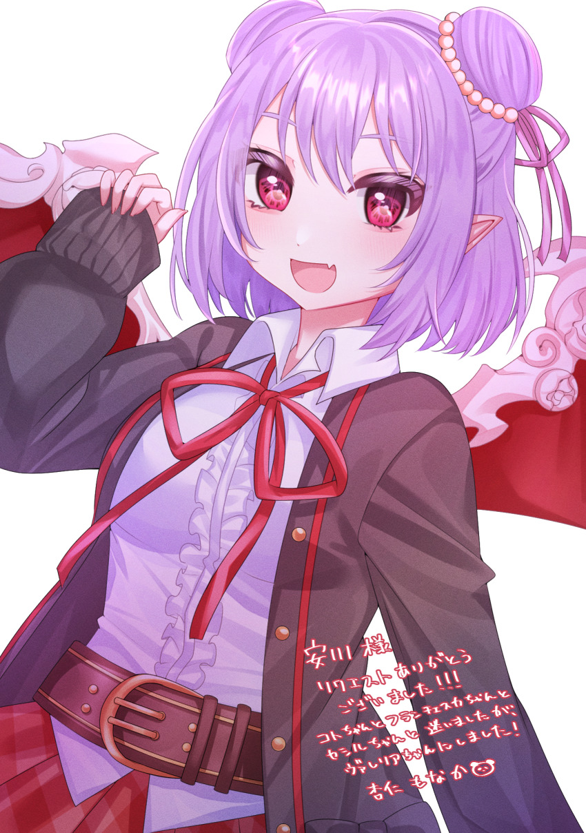 1girl, anninmonaka, artist_name, belt, breasts, commission, demon_girl, demon_wings, double_bun, frills, hair_bun, highres, iris_mysteria!, open_mouth, pointy_ears, purple_eyes, purple_hair, red_ribbon, ribbon, skeb_commission, upper_body, valeria_ristie_de_serbanescu, vampire, white_background, wings