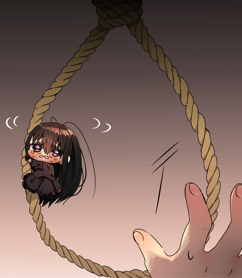 1girl, 1other, antennae, arthropod_girl, black_dress, black_hair, blush, brown_background