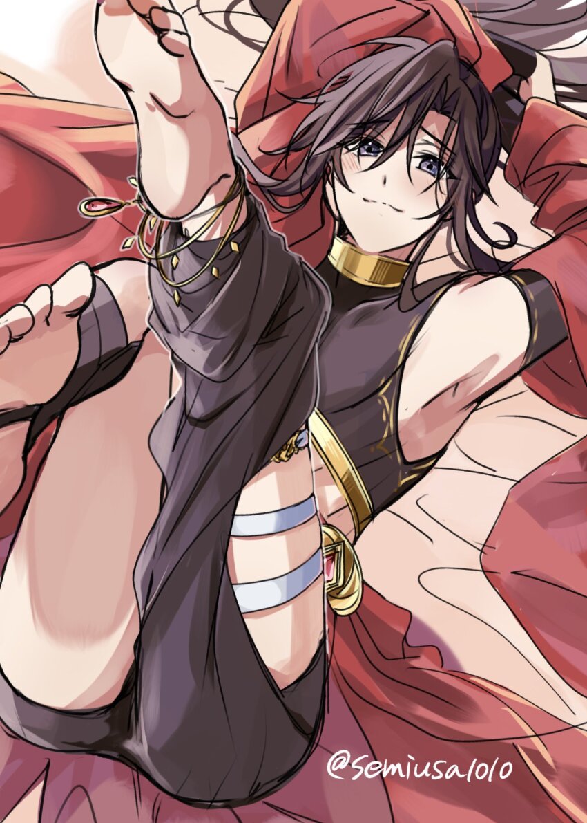 1boy, alternate_costume, androgynous, anklet, arabian_clothes, armpits, arms_up, asymmetrical_clothes, asymmetrical_pants, asymmetrical_sleeves, barefoot, black_hair, black_pants, black_shirt, blush, cape, closed_mouth, clothing_cutout, crop_top, dancer, detached_sleeves, feet, foot_focus, harem_outfit, highres, jewelry, legs_up, long_hair, looking_at_viewer, lying, male_focus, midriff, modao_zushi, on_back, pants, ponytail, purple_eyes, red_cape, red_shawl, semiusa1010, shawl, shirt, sleeveless, sleeveless_shirt, smile, soles, solo, thigh_cutout, thigh_strap, toes, trap, turtleneck, twitter_username, waist_cape, wei_wuxian