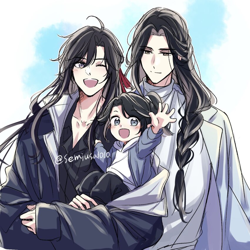 3boys, ;d, adoptive_parent_and_adoptive_child, aged_down, ahoge, alternate_costume, alternate_hairstyle, alternate_universe