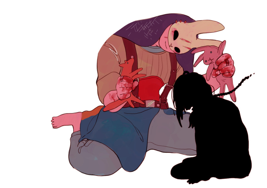 180_head_tilt, 2girls, age_difference, bad_feet, bad_id, bad_tumblr_id, blood, blood_on_hands, breasts, brown_sweater, chain, chained, child, dead_by_daylight, facing_another, full_body, grey_pants, height_difference, holding, holding_stuffed_toy, hunched_over, jewelry, kidnapped, layered_shirt, mask, medium_breasts, medium_hair, multiple_girls, multiple_rings, pants, rabbit_mask, ribbed_sweater, ring, sakakikaga, scar, scar_on_face, silhouette, simple_background, sitting, sleeves_rolled_up, smile, solo_focus, stuffed_animal, stuffed_rabbit, stuffed_toy, suspenders, sweater, the_huntress_(dead_by_daylight), underbust, wariza, white_background
