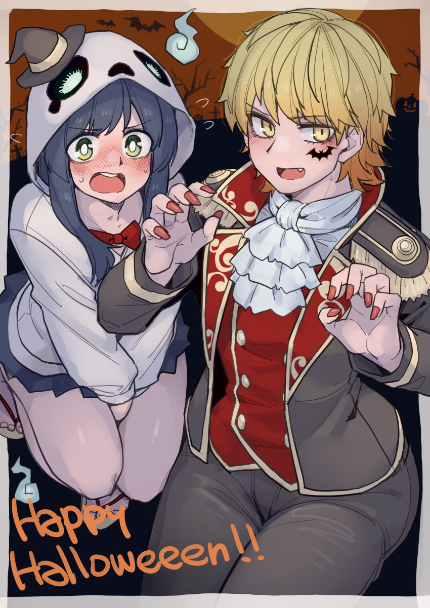 1boy, 1girl, absurdres, akizakura_iori, black_hair, black_nails, blonde_hair, blush