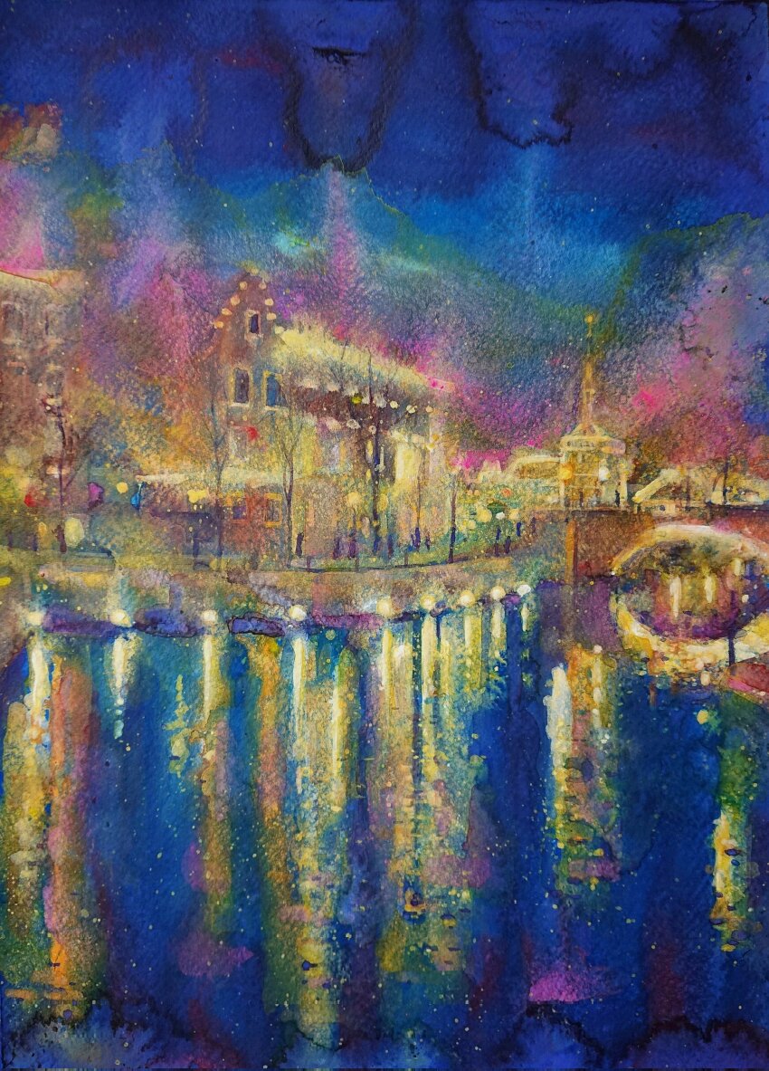 absurdres, acrylic_paint_(medium), arch_bridge, bridge, highres, jobanni, lamppost, landscape