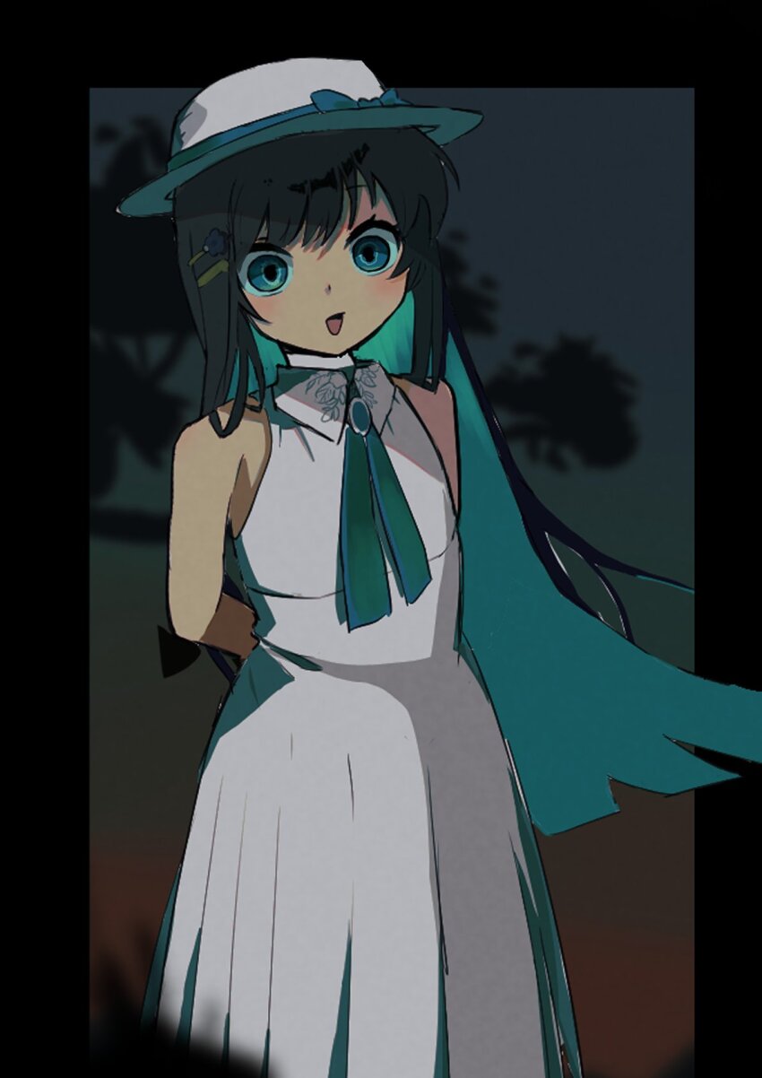 1girl, aqua_hair, aqua_ribbon, arms_behind_back, black_hair, blue_eyes, blurry, blurry_background
