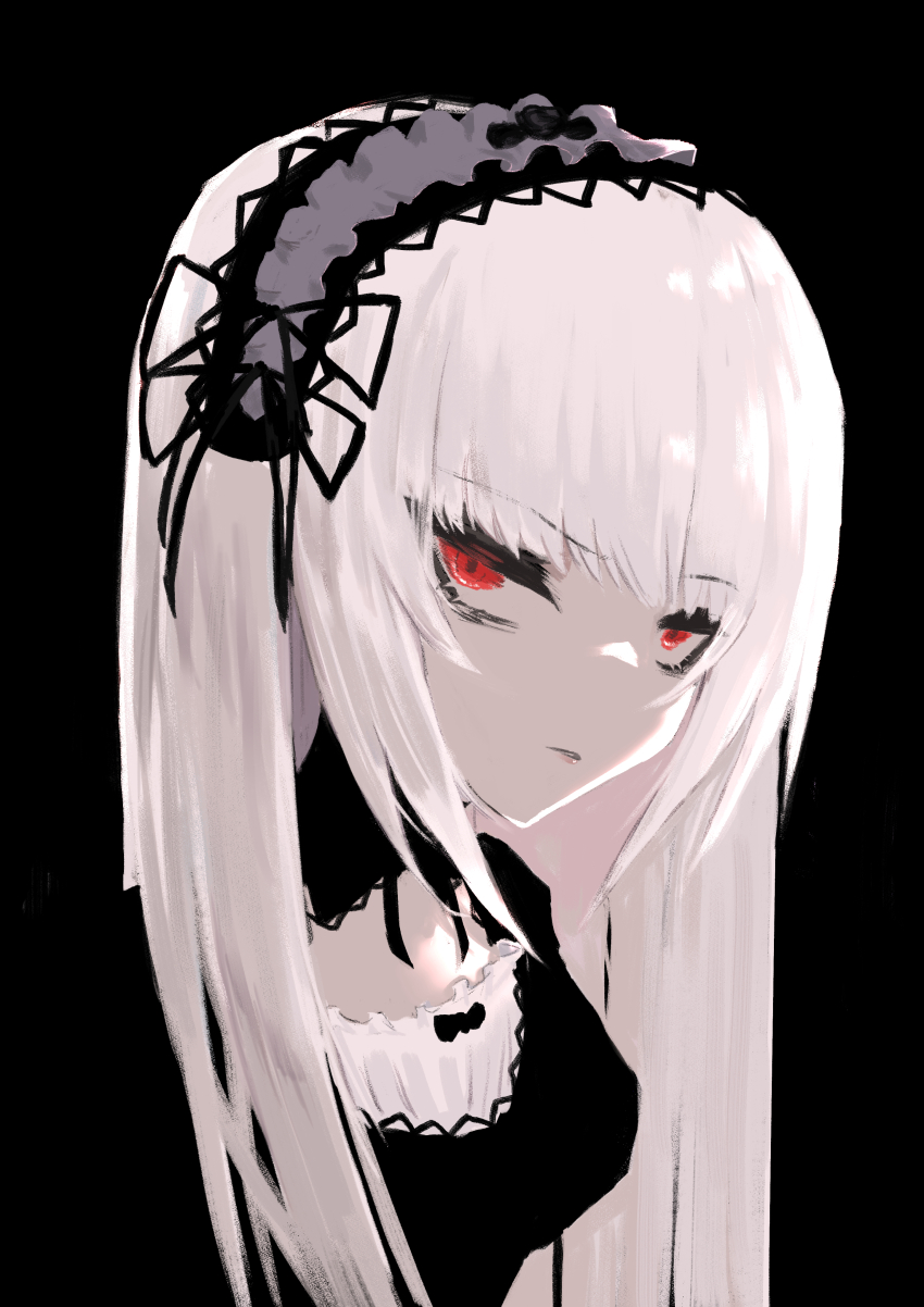 1girl, absurdres, black_background, cropped_torso, hairband, highres, long_hair, looking_at_viewer