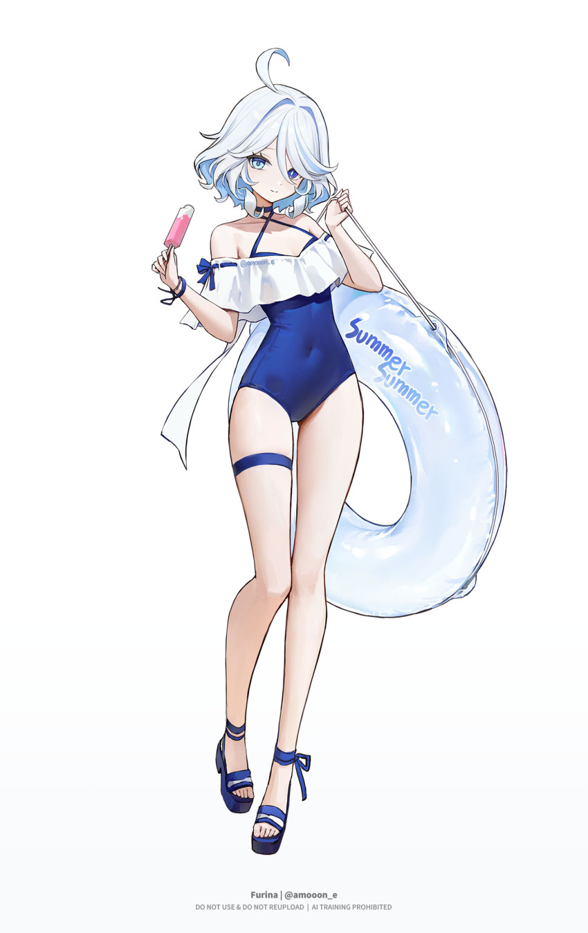 1girl, aamoooon_e, absurdres, alternate_costume, black_sandals, blue_eyes, blue_one-piece_swimsuit, breasts, commentary, covered_navel, cowlick, criss-cross_halter, drop-shaped_pupils, food, full_body, furina_(genshin_impact), genshin_impact, halterneck, heterochromia, highres, holding, holding_food, holding_popsicle, holding_swim_ring, innertube, one-piece_swimsuit, popsicle, sandals, short_hair, simple_background, small_breasts, smile, solo, swim_ring, swimsuit, untranslatable_commentary, symbol-shaped_pupils, thigh_strap, wavy_hair, white_background, white_hair