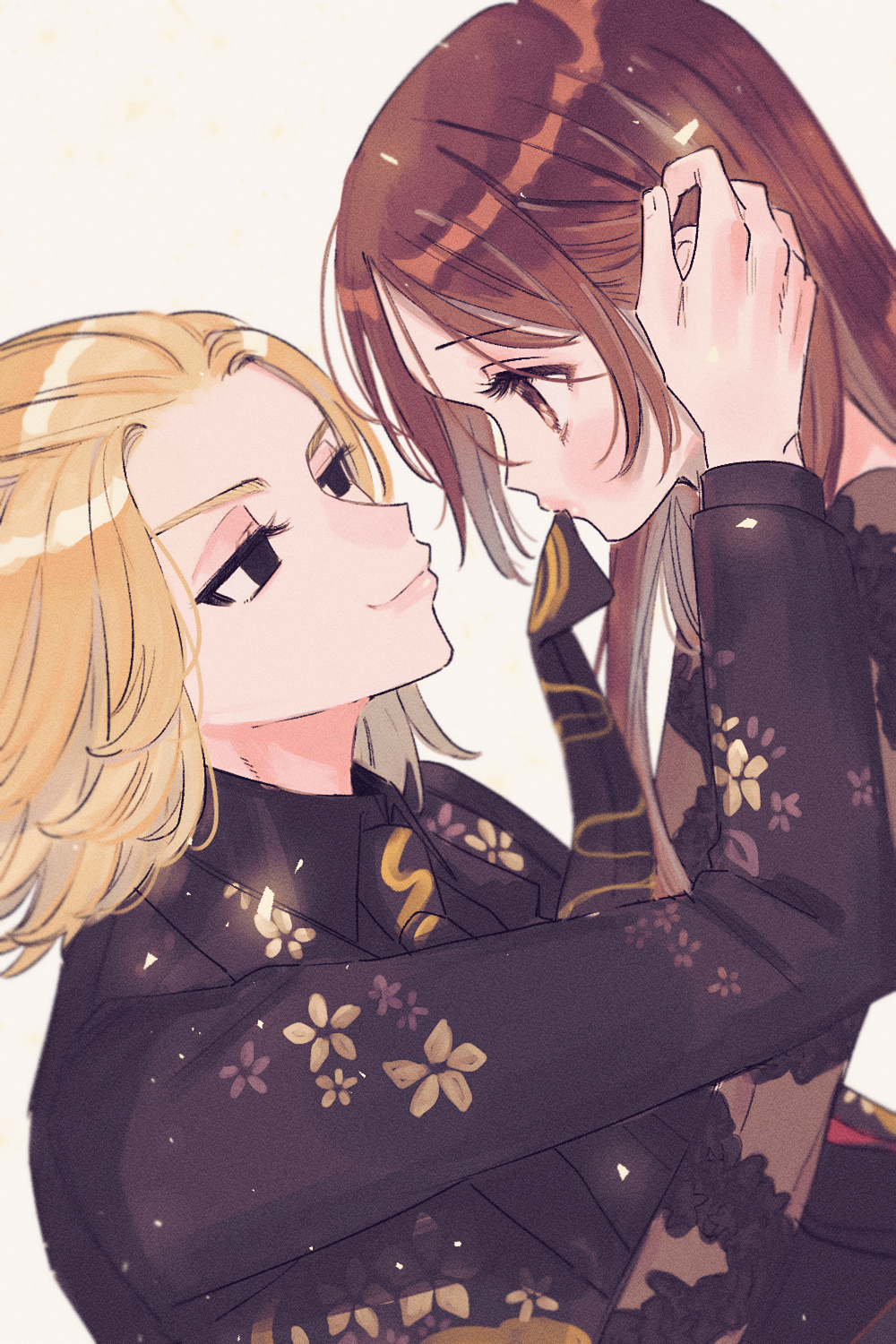 1boy, 1girl, biting_necktie, black_dress, black_suit, brown_eyes, brown_hair, couple