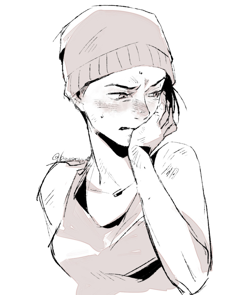 1girl, asymmetrical_hair, averting_eyes, beanie, blush, breasts, collarbone, commentary