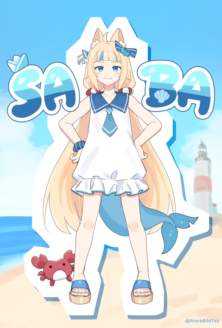 1girl, ahoge, animal, animal_ear_fluff, blonde_hair, blue_eyes, crab, dress, fins, fish, fish_tail, hair_ornament, highres, indie_virtual_youtuber, kaniki_(sameko_saba), long_hair, melodyguru, multicolored_hair, sameko_saba, sandals, streaked_hair, tail, twintails, very_long_hair, virtual_youtuber