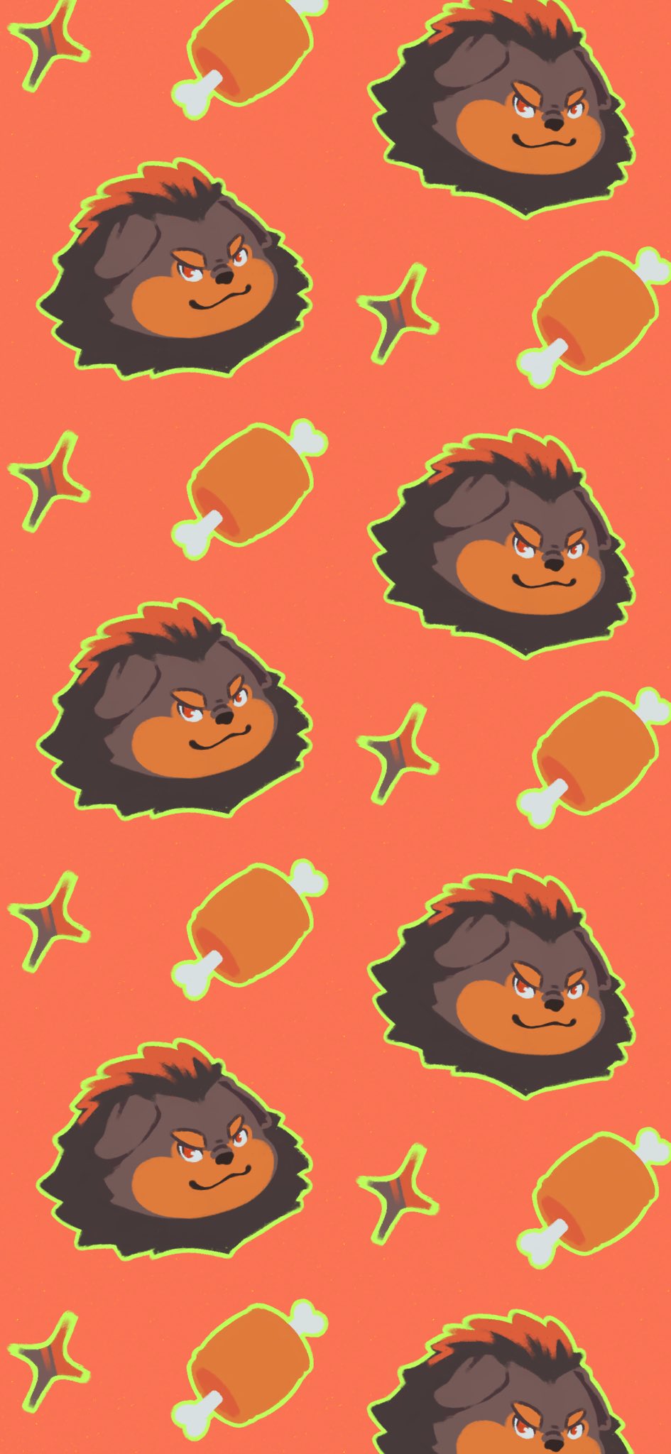 1boy, animal_ears, boned_meat, brown_fur, chibi, closed_mouth, commentary, dog_boy, dog_ears, animal_nose, english_commentary, floppy_ears, food, furry, furry_male, highres, looking_at_viewer, male_focus, meat, midoku_yuu, red_background, red_hair, smile, sparkle, tayangsuyi_(xxl), upper_body, xxl_woofia