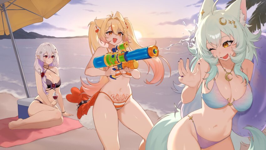 3girls, absurdres, ahoge, alchevic_(vtuber), animal_ears, antenna_hair, beach, bikini