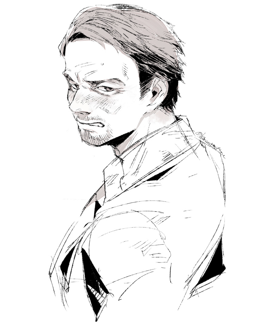 1boy, ace_visconti, beard, cheekbones, collared_shirt, commentary, connected_beard, cropped_shoulders, dead_by_daylight, embarrassed, english_commentary, facial_hair, furrowed_brow, greyscale, highres, kawarayane, looking_at_viewer, looking_back, male_focus, mature_eyes, mature_male, monochrome, parted_lips, portrait, shirt, short_hair, sideburns, simple_background, sketch, solo, stubble, sweatdrop, tumblr_username, very_short_hair, white_background, wrinkled_skin