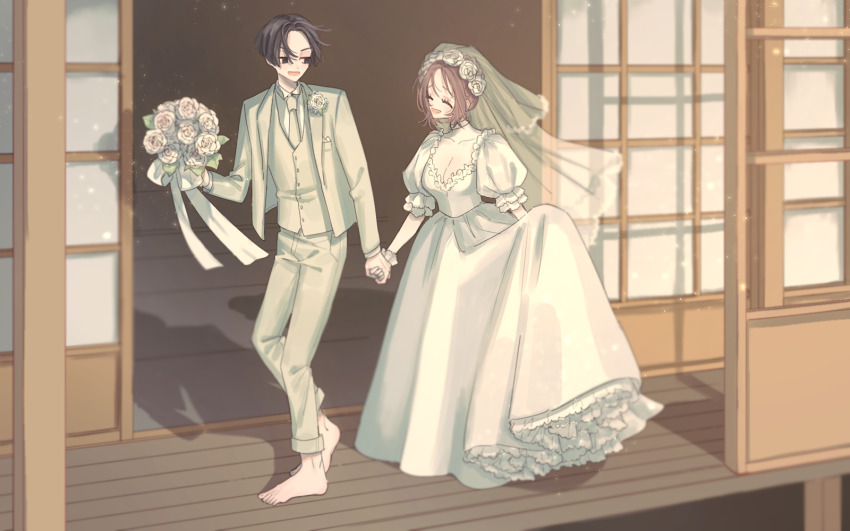 1boy, 1girl, bouquet, brown_eyes, brown_hair, couple, dress, flower, formal_clothes, hair_bun, highres, holding, holding_bouquet, holding_own_dress, loose_hair_strand, m15391599, parted_bangs, sano_manjirou, single_hair_bun, suit, tokyo_revengers, wedding_dress, wedding_suit, white_suit