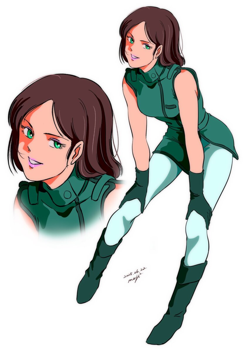 1girl, aeug, belt, boots, breasts, brown_hair, commentary, dated, emma_sheen, gloves, green_boots, green_eyes, gundam, highres, looking_at_viewer, military, military_uniform, open_mouth, pgmajimaji, short_hair, signature, simple_background, sleeveless, smile, solo, thighhighs, white_background, zeta_gundam