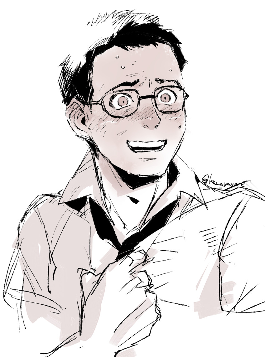 1boy, blending, blush, clothes_grab, collared_shirt, commentary, cropped_shoulders, dead_by_daylight