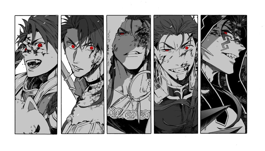 5boys, blood, blood_on_face, cu_chulainn_(caster)_(fate), cu_chulainn_(fate), cu_chulainn_(fate/prototype), cu_chulainn_(fate/stay_night), cu_chulainn_(lancer)_(fate)