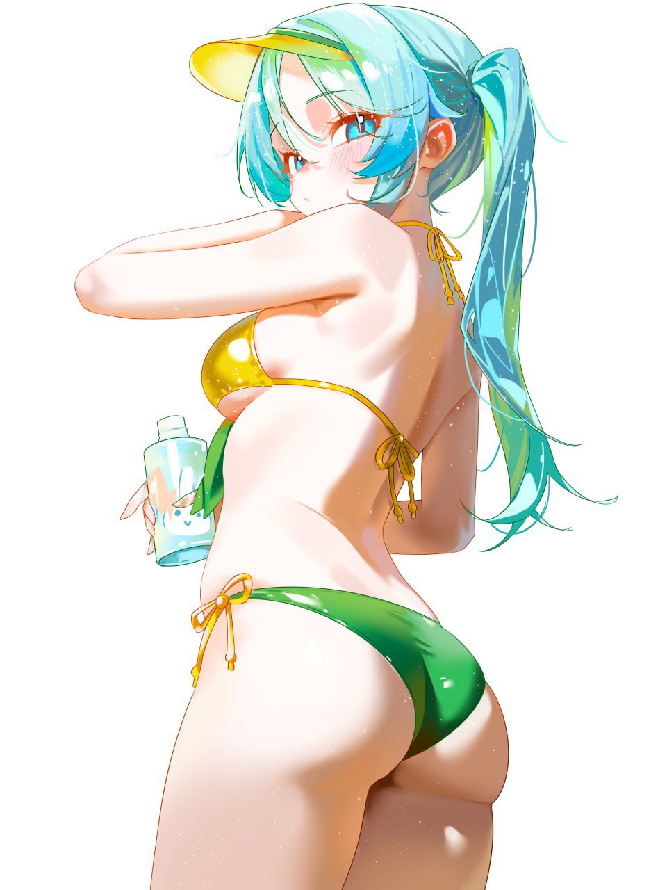 1girl, aqua_eyes, aqua_hair, ass, ass_focus, back, bare_shoulders, bikini, breasts, closed_mouth, emirisu, from_behind, green_bikini, hair_between_eyes, hatsune_miku, highres, long_hair, looking_at_viewer, looking_back, lotion, lotion_bottle, median_furrow, multicolored_bikini, shoulder_blades, side-tie_bikini_bottom, side_ponytail, sideboob, solo, standing, swimsuit, two-tone_bikini, visor_cap, vocaloid, yellow_bikini