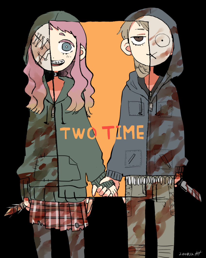 2girls, arm_at_side, bandages, black_background, black_collar, blonde_hair, blood, blood_on_clothes, blood_on_mask, bloody_knife, blue_jacket, blush, braces, brown_eyes, collar, colored_eyelashes, commentary, contrast, cowboy_shot, dated, dead_by_daylight, deformed, dot_nose, english_commentary, english_text, facing_viewer, gradient_hair, green_hoodie, grin, highres, holding, holding_hands, holding_knife, hood, hood_down, hood_up, hooded_jacket, hoodie, jacket, jitome, julie_kostenko, knife, light_smile, long_hair, looking_at_viewer, multicolored_hair, multiple_girls, orange_background, pants, pantyhose, pink_hair, plaid_clothes, plaid_skirt, pleated_skirt, raised_eyebrows, revealing_layer, short_bangs, short_eyebrows, simple_background, skinny_jeans, skirt, smile, susie_lavoie, tanabe1921, the_legion_(dead_by_daylight), wavy_hair, white_mask, x_mouth