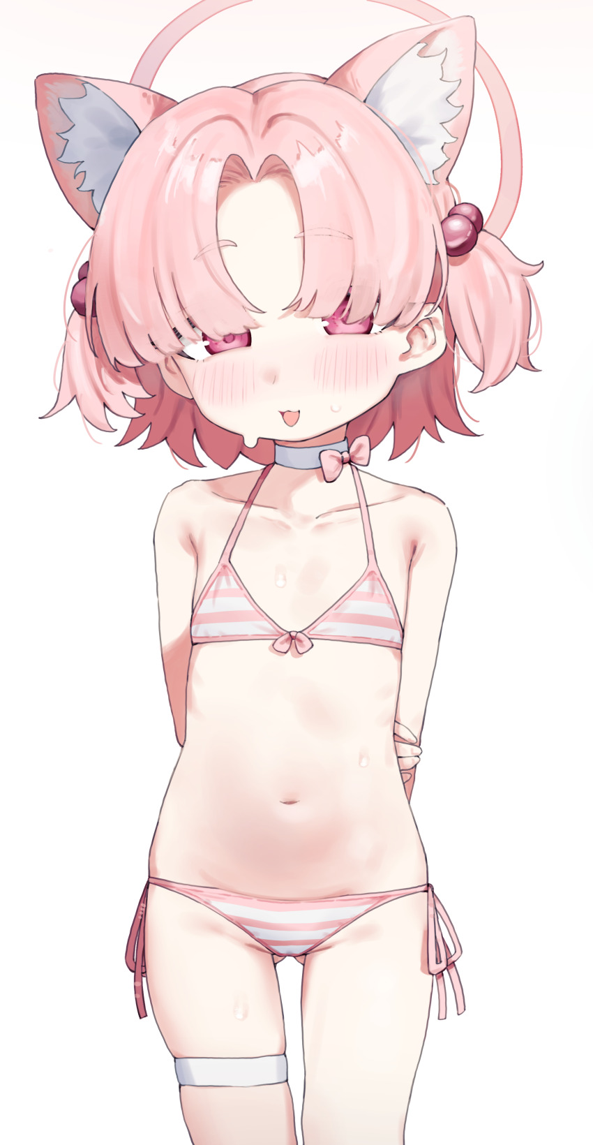 1girl, absurdres, animal_ears, arms_behind_back, beads, bikini, blue_archive, blush, bow, bow_bikini, chlorella_observation_club_member_(blue_archive), chlorella_observation_club_member_(swimsuit)_(blue_archive), collarbone, commentary, cowboy_shot, curtained_hair, extra_ears, flat_chest, gluteal_fold, hair_beads, hair_ornament, halo, hanakonenne, highres, loli, looking_at_viewer, navel, official_alternate_costume, pink_eyes, pink_hair, short_hair, side-tie_bikini_bottom, simple_background, skindentation, smile, solo, stomach, string_bikini, striped_bikini, striped_clothes, sweat, swimsuit, thigh_strap, two_side_up, white_background