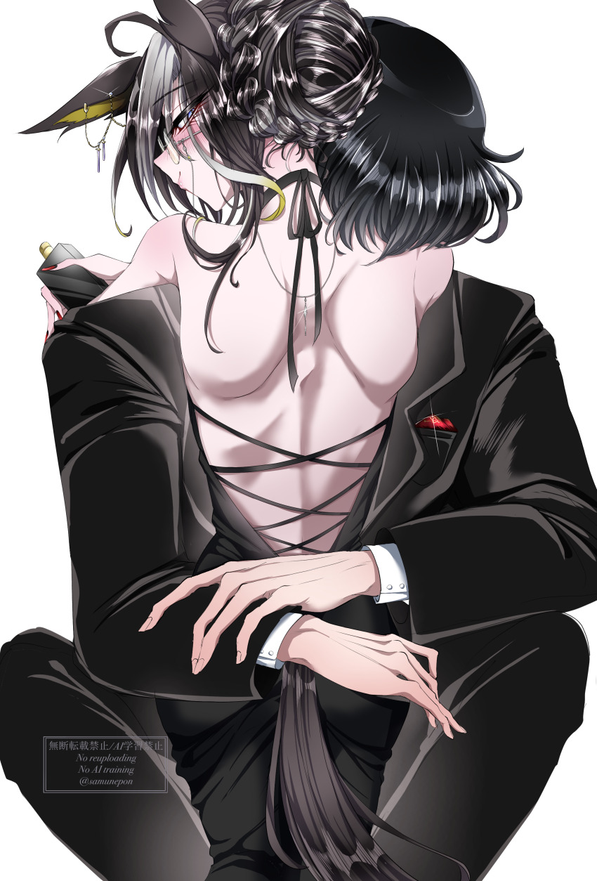 1boy, 1girl, absurdres, animal_ears, arms_around_another's_waist, bare_back, black_dress, black_hair