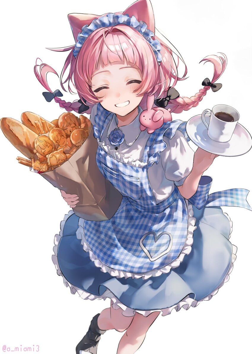 1girl, :d, ^_^, alternate_costume, animal, animal_ears, animal_on_shoulder, apron, arched_bangs, back_bow, bag, baguette, black_bow, blue_apron, blue_flower, blue_hairband, blue_headdress, blue_skirt, blush, bow, braid, bread, breasts, character-themed_food, churro, closed_eyes, closed_mouth, collared_shirt, commentary_request, croissant, cup, dress, enmaided, facing_viewer, floating_hair, flower, food, foot_out_of_frame, frilled_apron, frilled_skirt, frills, gingham_apron, gingham_clothes, gingham_hairband, grin, hair_bow, hairband, highres, higuchi_kaede, holding, holding_bag, holding_tray, hoshikawa_sara, kanae_(nijisanji), kemonomimi_mode, knees_together_feet_apart, leos_vincent, long_hair, maid, maid_headdress, multicolored_hairband, nanajigen_seitokai_(nijisanji), nijisanji, nijisanji_gta, open_mouth, oumiomi, pink_hair, puffy_short_sleeves, puffy_sleeves, rabbit, ryuushen, saegusa_akina, saucer, shirt, short_sleeves, simple_background, skirt, small_breasts, smile, solo, standing, suo_sango, teacup, tray, twin_braids, twitter_username, two-tone_apron, two-tone_hairband, virtual_youtuber, white_apron, white_background, white_hairband, white_shirt