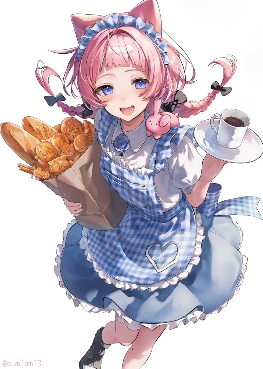 1girl, :d, alternate_costume, animal, animal_ears, animal_on_shoulder, apron, arched_bangs, back_bow, bag, baguette, black_bow, blue_apron, blue_flower, blue_hairband, blue_headdress, blue_skirt, blush, bow, braid, bread, breasts, character-themed_food, churro, collared_shirt, commentary_request, croissant, cup, dress, enmaided, floating_hair, flower, food, foot_out_of_frame, frilled_apron, frilled_skirt, frills, gingham_apron, gingham_clothes, gingham_hairband, hair_bow, hairband, highres, higuchi_kaede, holding, holding_bag, holding_tray, hoshikawa_sara, kanae_(nijisanji), kemonomimi_mode, knees_together_feet_apart, leos_vincent, long_hair, looking_at_viewer, maid, maid_headdress, multicolored_hairband, nanajigen_seitokai_(nijisanji), nijisanji, nijisanji_gta, open_mouth, oumiomi, pink_hair, puffy_short_sleeves, puffy_sleeves, purple_eyes, rabbit, ryuushen, saegusa_akina, saucer, shirt, short_sleeves, simple_background, skirt, small_breasts, smile, solo, standing, suo_sango, teacup, teeth, tray, twin_braids, twitter_username, two-tone_apron, two-tone_hairband, upper_teeth_only, virtual_youtuber, white_apron, white_background, white_hairband, white_shirt
