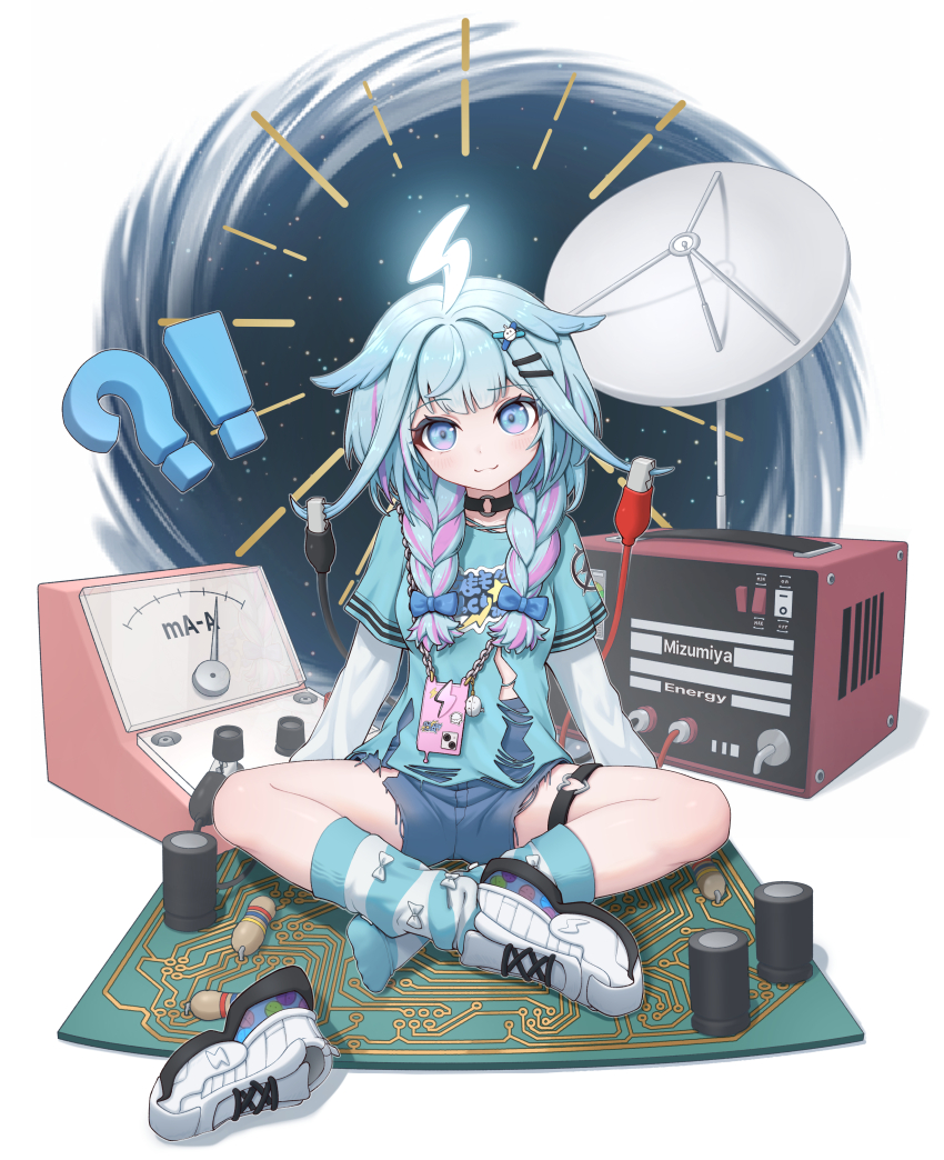 !?, 1girl, absurdres, ahoge, asymmetrical_legwear, black_choker, blue_bow, blue_eyes