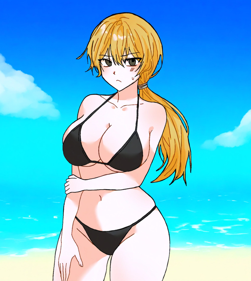 1girl, beach, bikini, black_bikini, black_eyes, blonde_hair, blue_sky, breasts, cleavage, closed_mouth, collarbone, commentary, cowboy_shot, day, fear_&amp;_hunger_(series), fear_&amp;_hunger_2:_termina, hair_tie, hidemaan2000, highres, hand_on_own_arm, karin_(fear_&amp;_hunger), long_hair, looking_at_viewer, navel, outdoors, ponytail, sky, solo, stomach, swimsuit