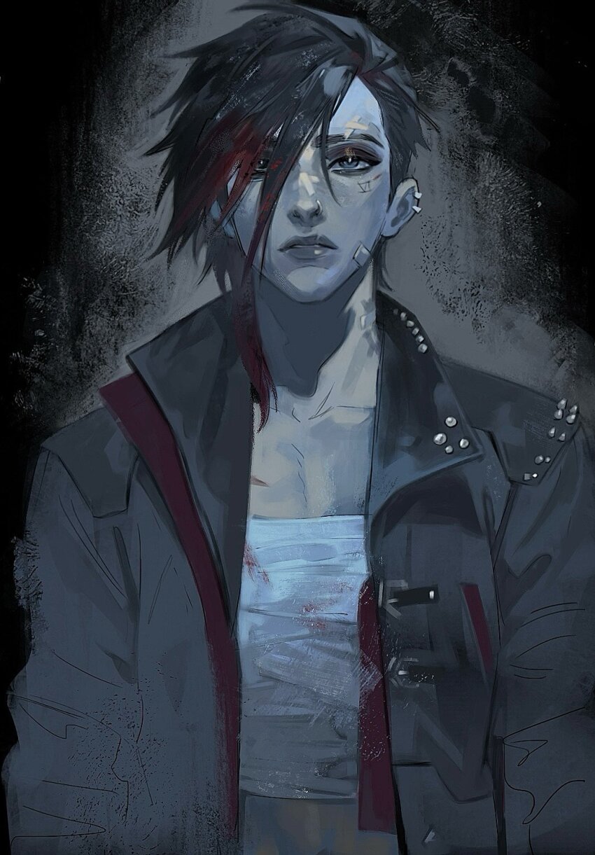 1girl, arcane:_league_of_legends, arcane_vi, bandage_on_face, bandages, chest_sarashi, earclip, face_piercing