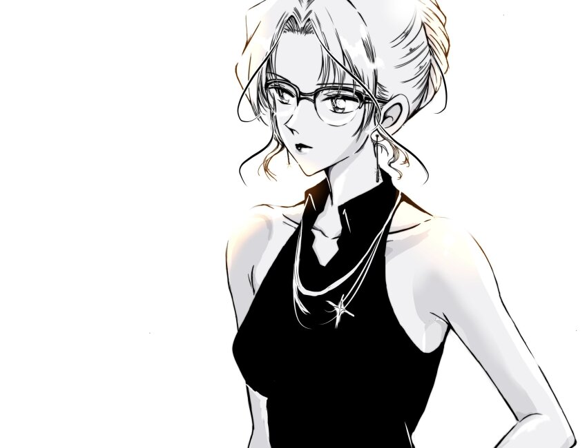 1girl, closed_mouth, commentary, glasses, greyscale, hair_bun, halterneck, highres