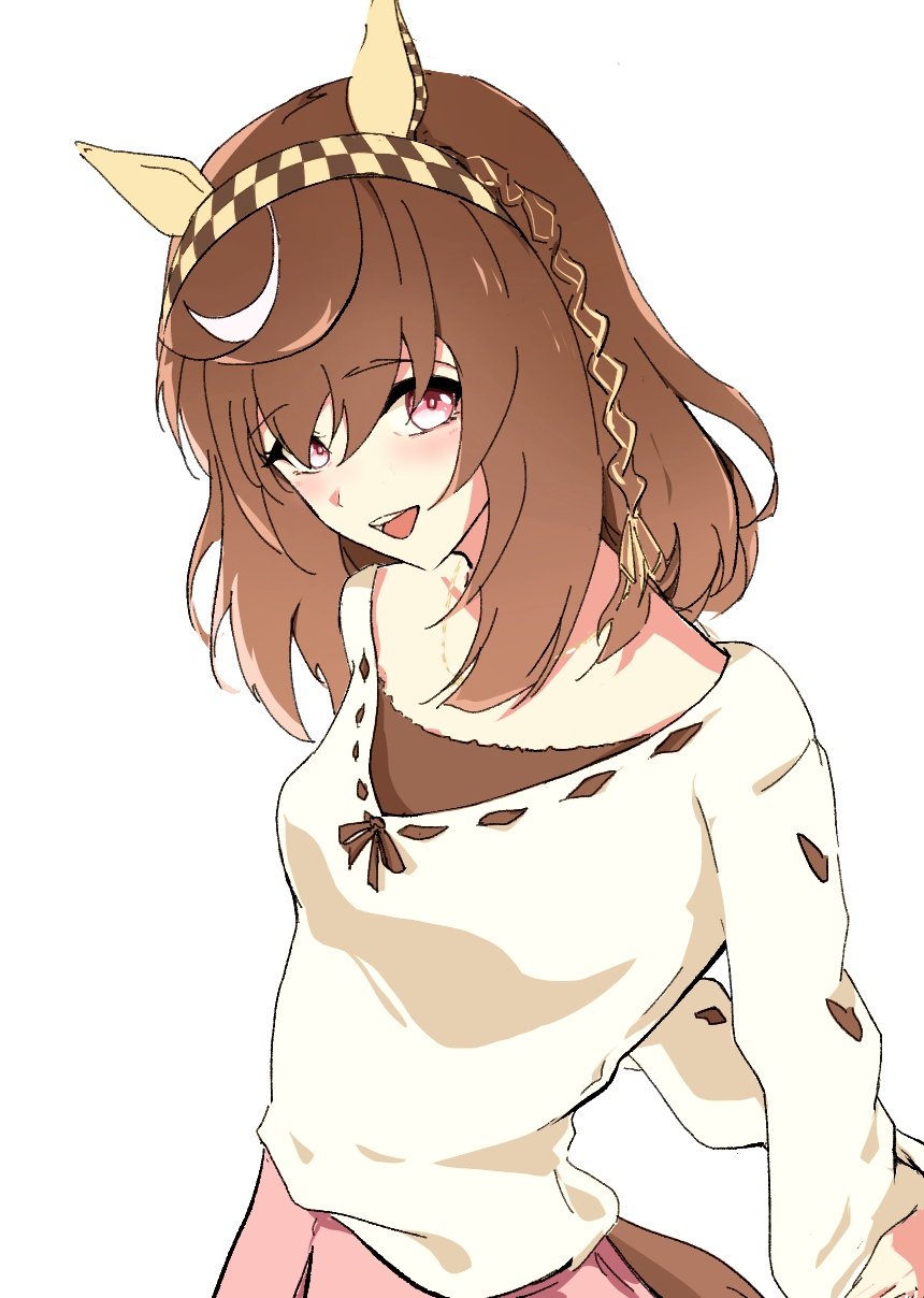 1girl, animal_ears, braid, brown_hair, buena_vista_(casual)_(umamusume), buena_vista_(umamusume), casual, checkered_hairband, commentary, ear_covers, hair_between_eyes, hairband, highres, horse_ears, horse_girl, horse_tail, long_sleeves, looking_at_viewer, medium_hair, pakarappakaratt, pink_eyes, pink_skirt, simple_background, skirt, smile, solo, sweater, tail, umamusume, white_background, white_sweater