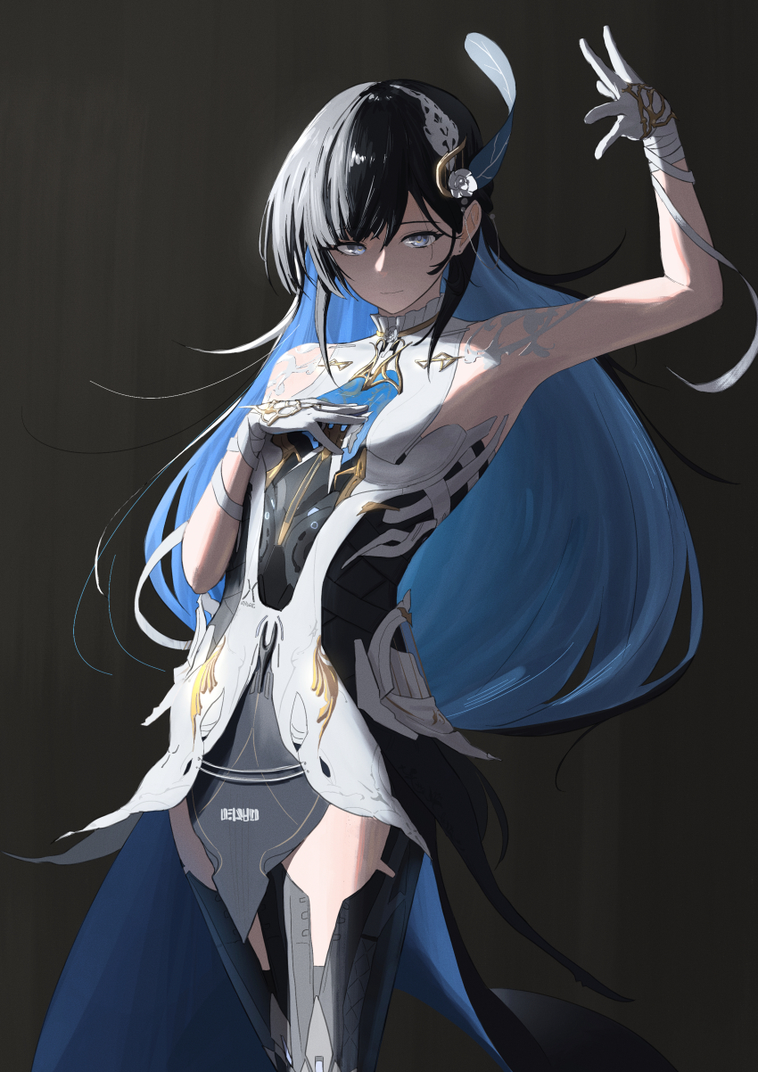 1girl, absurdres, arm_up, armpits, bell_(only-id_228), black_background, black_hair, blue_eyes