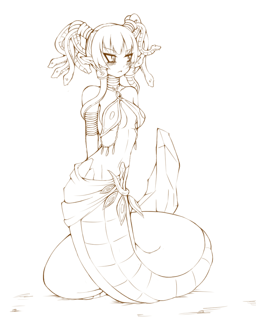 1girl, armband, bad_id, bad_pixiv_id, bare_shoulders, blush, breasts, choker, female_focus, greek_mythology, highres, lamia, large_breasts, loincloth, medusa_(monster_girl_encyclopedia), monochrome, monster_girl, monster_girl_encyclopedia, pointy_ears, scales, side6667, snake, snake_hair, solo, tail, tsundere, underboob