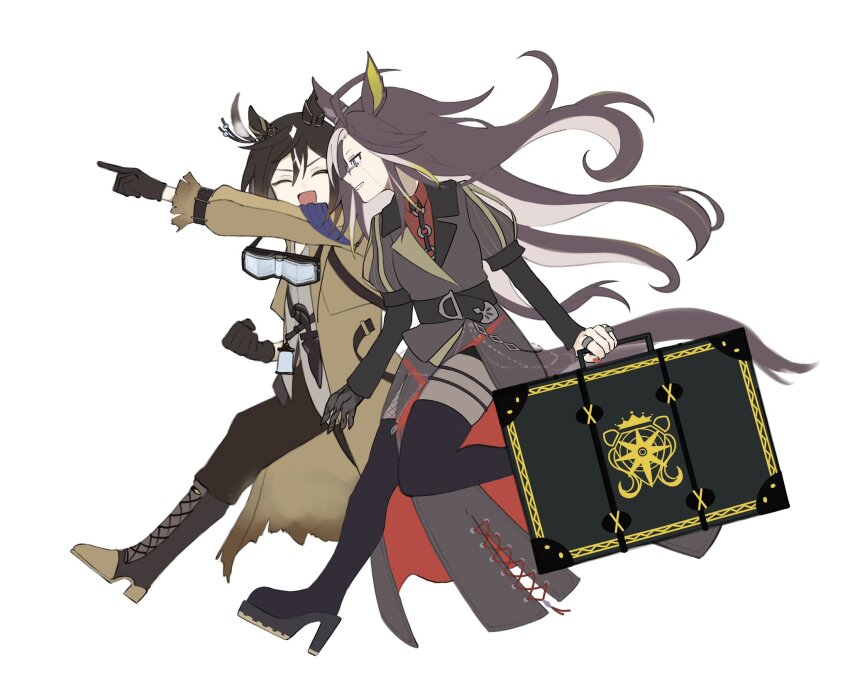 2girls, ahoge, animal_ears, babie, black_coat, black_gloves, black_pants, blonde_hair