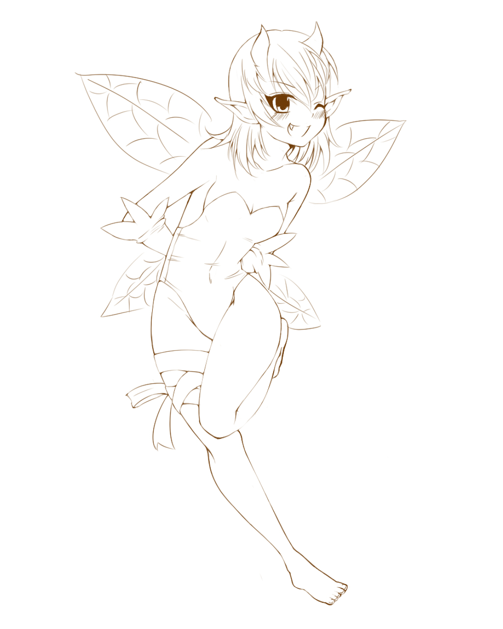 1girl, bad_id, bad_pixiv_id, bare_shoulders, barefoot, fairy, fairy_wings, fang