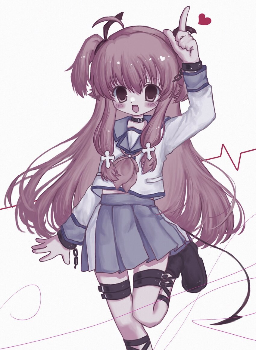 1girl, angel_beats!, arm_up, belt, belt_collar, black_belt, black_boots, blue_skirt