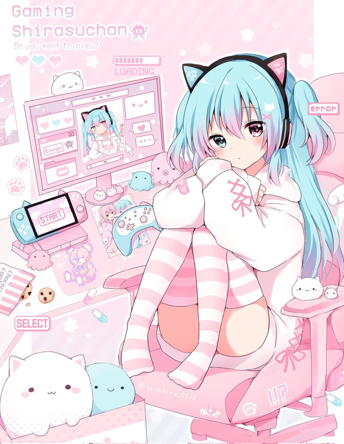 !?, animal_ear_headphones, animal_ears, blue_hair, box, cat_ear_headphones, cat_ears, chair