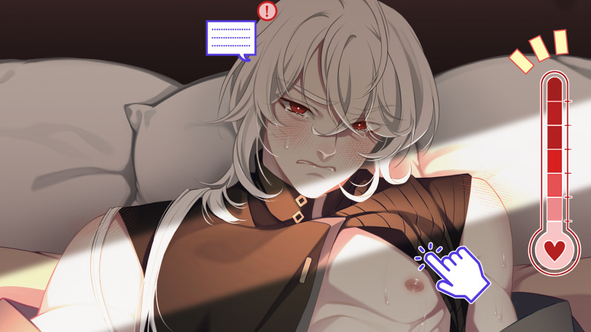 !, ..., 1boy, a_date_with_death, biting_own_lip, blush, casper_(a_date_with_death), clenched_teeth