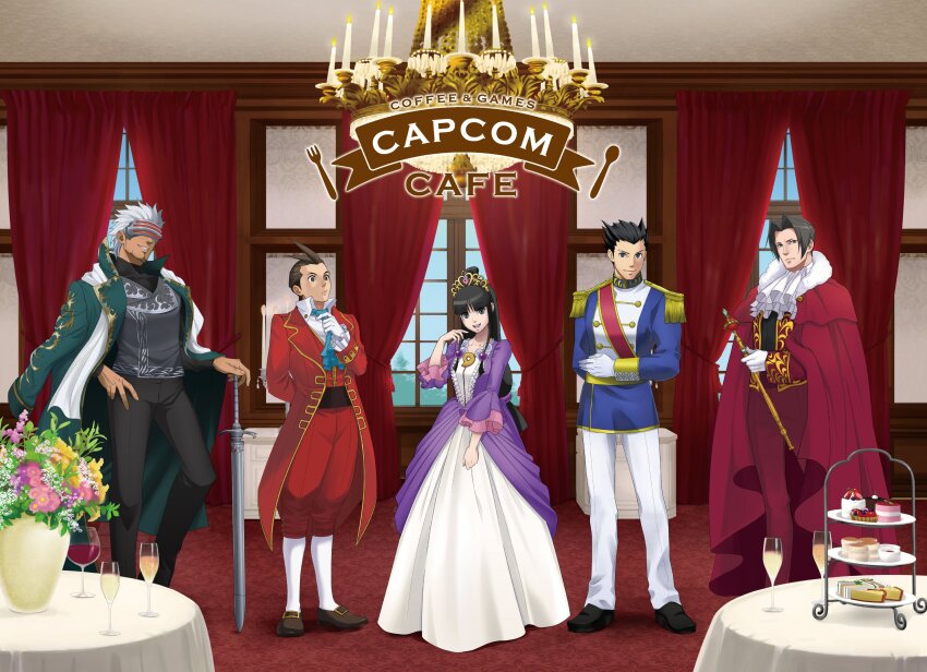 1girl, 4boys, absurdres, ace_attorney, apollo_justice, arms_behind_back, ascot, blue_ascot, butler, cake, cake_slice, capcom_cafe, champagne_flute, chandelier, coat, cup, curtains, dress, drinking_glass, food, godot_(ace_attorney), green_coat, hair_ornament, head-mounted_display, highres, holding, holding_scepter, indoors, jewelry, king, knight, magatama, magatama_necklace, maya_fey, merchandise_available, miles_edgeworth, multiple_boys, necklace, official_art, phoenix_wright, prince, princess, promotional_art, purple_dress, red_coat, red_sash, sash, scepter, sphere_hair_ornament, sword, weapon, white_dress, wine_glass