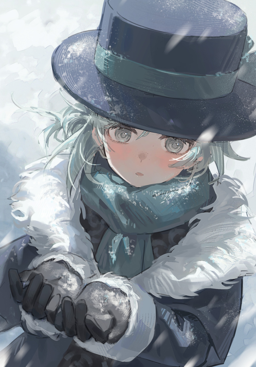 1girl, :o, absurdres, black_coat, black_gloves, black_hat, blue_scarf, coat