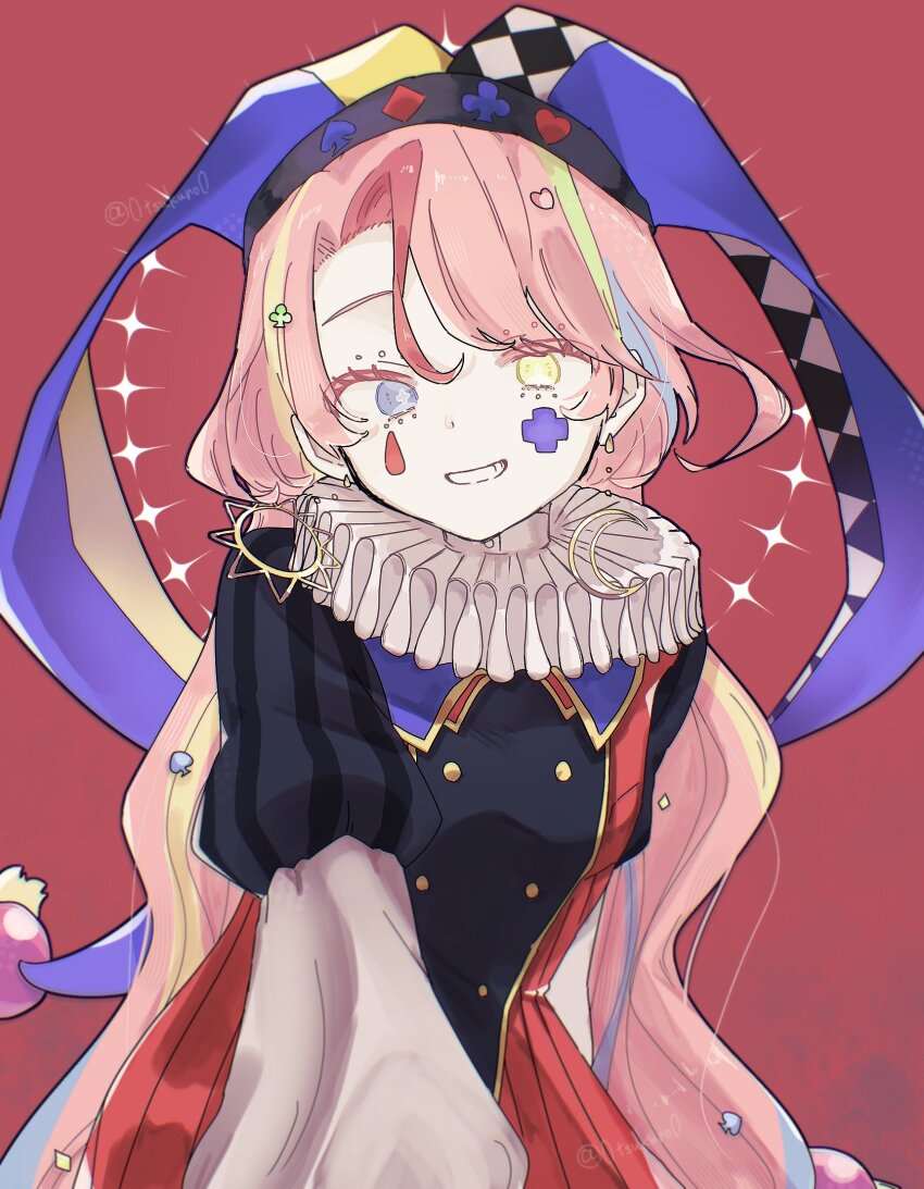 1girl, checkered_clothes, checkered_hat, checkered_pantyhose, club_(shape), diamond_(shape), hat, highres