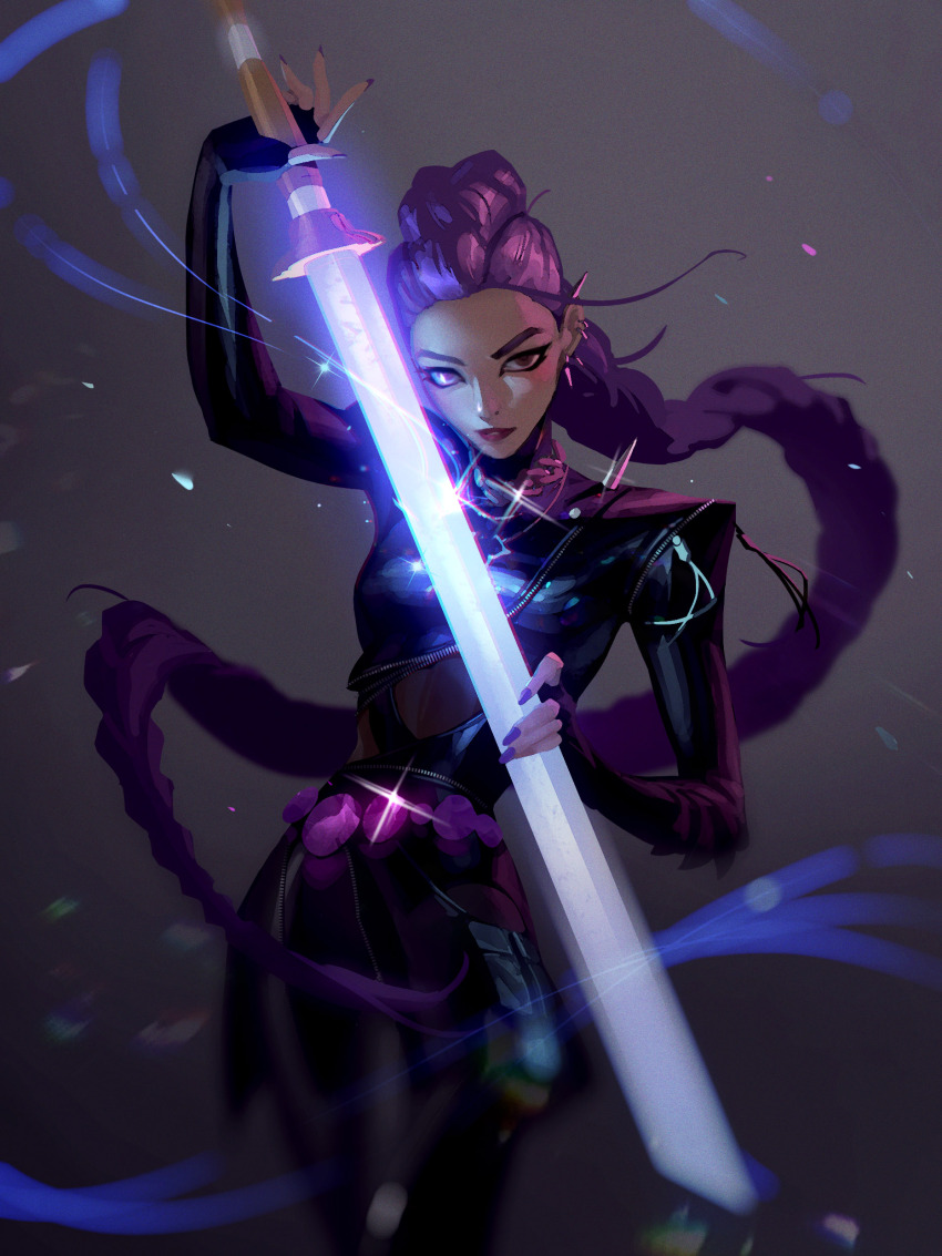 1girl, absurdres, black_bodysuit, bodysuit, braid, brown_eyes, earrings, fighting_stance, glowing, glowing_sword, glowing_weapon, highres, holding, holding_sword, holding_weapon, jewelry, jiunn_kuo, kpop_demon_hunters, leather, long_hair, long_sleeves, looking_at_viewer, purple_hair, rumi_(kpop_demon_hunters), serious, simple_background, single_braid, solo, sword, very_long_hair, weapon