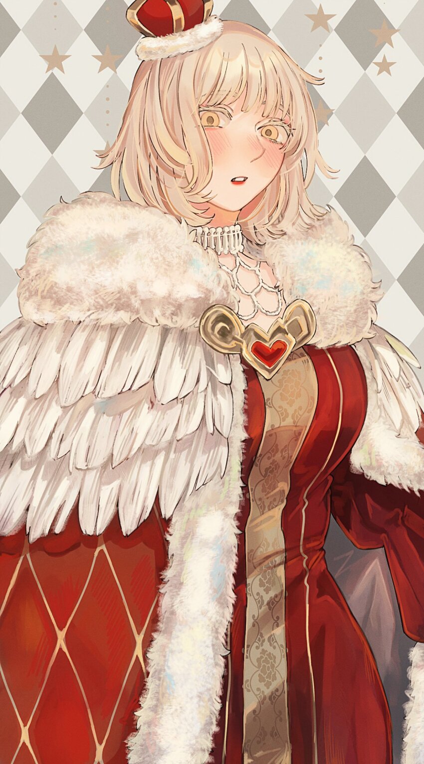 1girl, alice's_adventures_in_wonderland, alt_text, arched_crown, argyle_background, blonde_hair, blush, cape